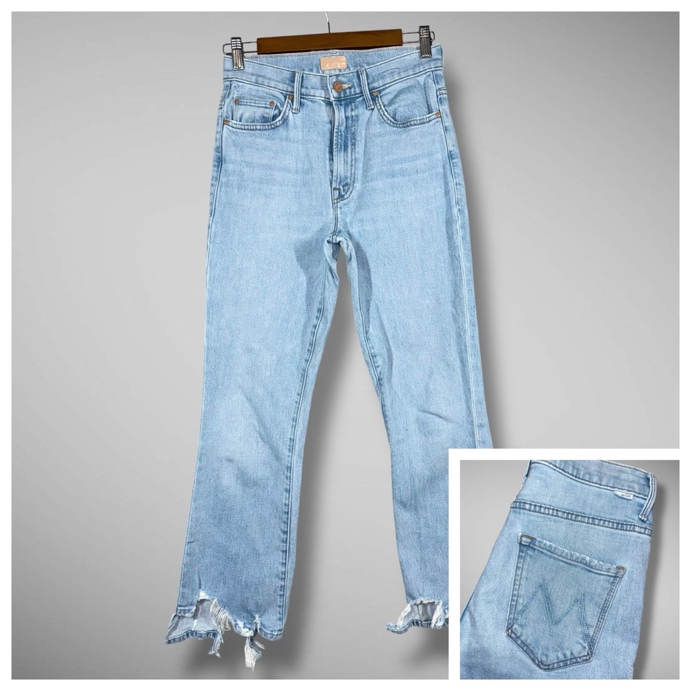 MOTHER Sky Blue Cropped Jeans with Distressed Hem